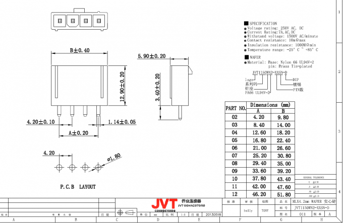 Verzinnter rechtwinkliger Draht, zum des PWB-Verbindungsstück-JVT von Molex 4.2mm zu verschalen Äquivalents